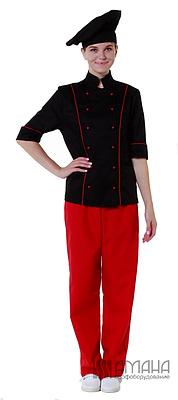 Куртка шеф-повара черная женская рукав 3/4 на манжете (отделка красный кант) 00016, набор из 5 штук